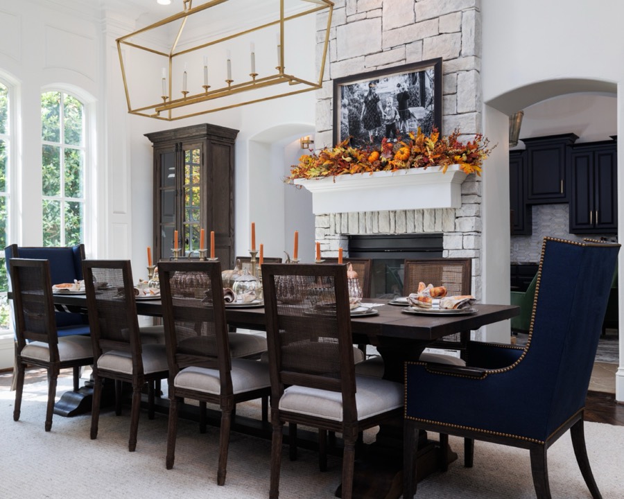 Formal dining with stone fireplace