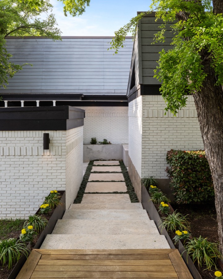 Modern white brick exterior walkway