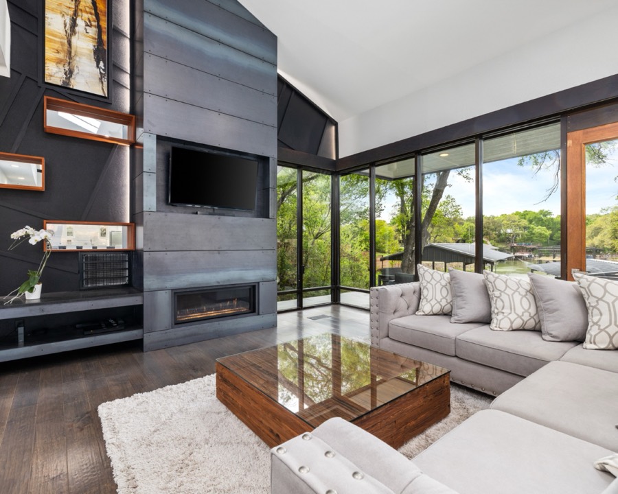 Modern living room with lake views