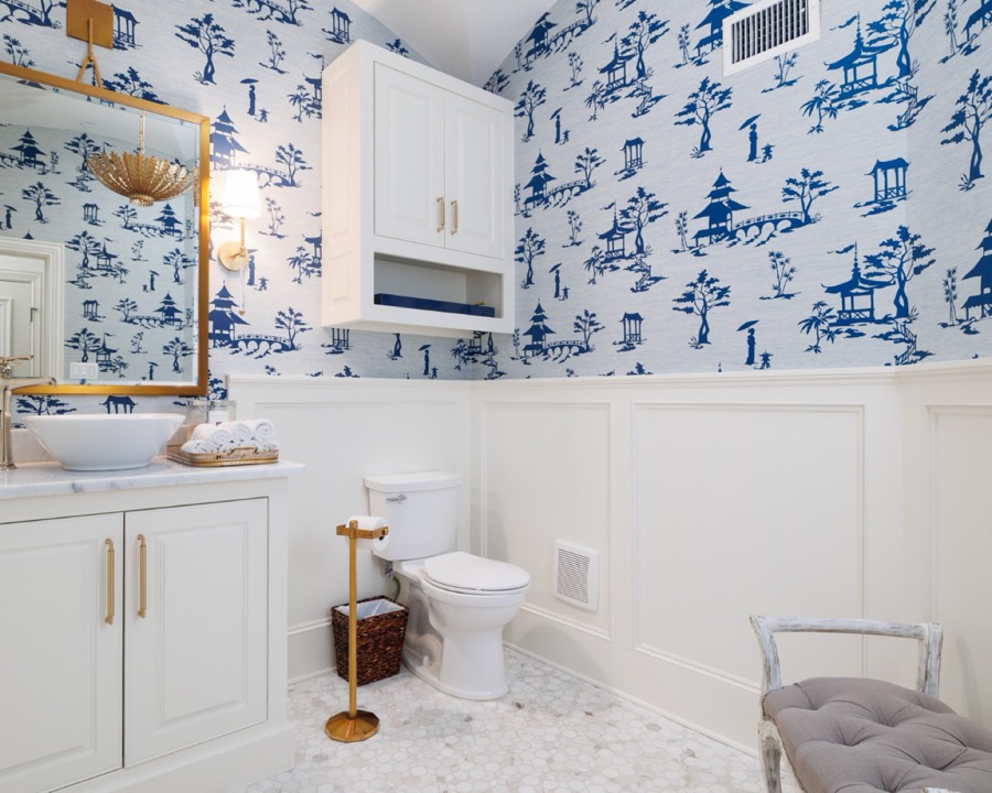 Powder room with chinoiserie wallpaper