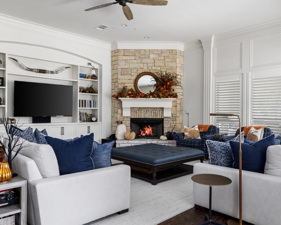 Stone hearth living room