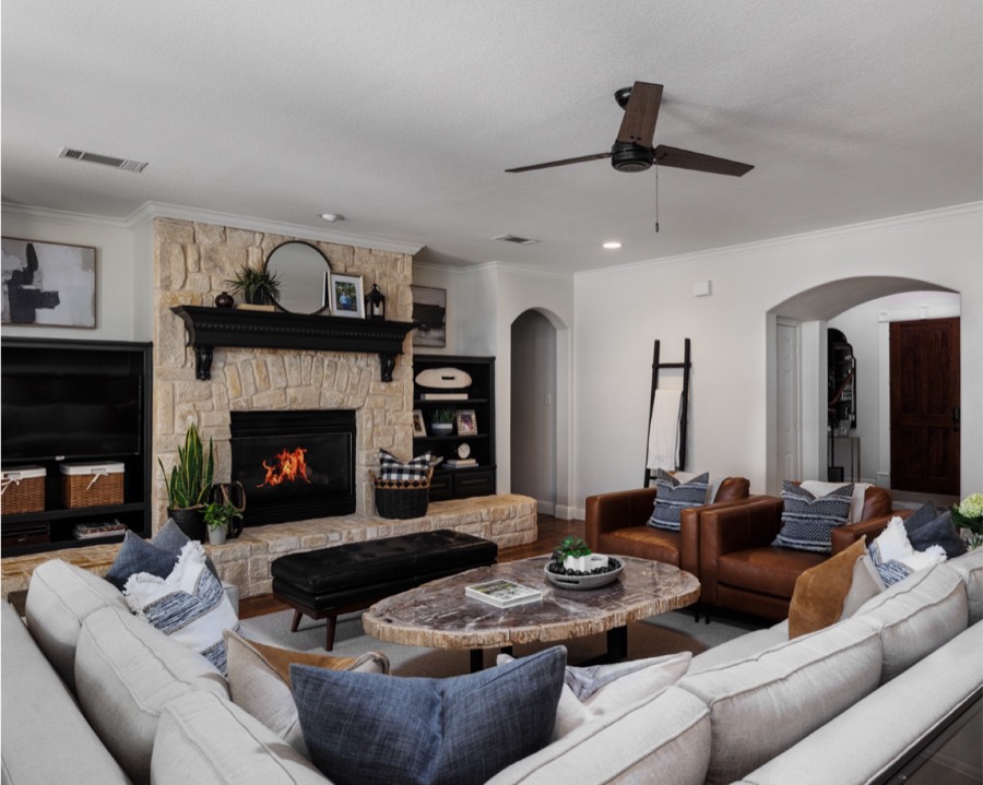 Stone fireplace living room